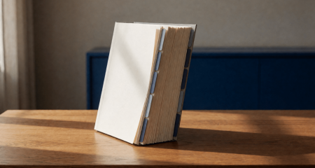 Dik contract met veel tabbladen rechtop op een bureau