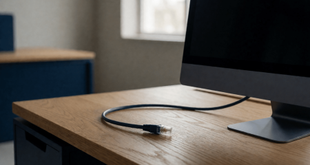 Donker beeldscherm met een losgekoppelde netwerkkabel op het bureau