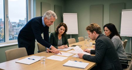 Bestuurders en aandeelhouders in overleg aan een vergadertafel over een ingrijpend bestuursbesluit