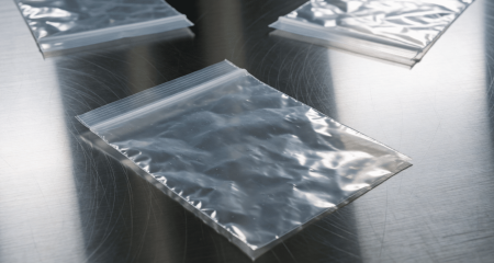 Verzegelde bewijszak apart gelegd naast twee andere op een metalen tafel