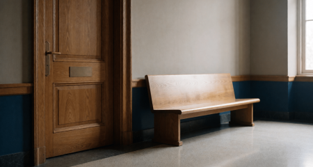 Gesloten rechtszaaldeur met een houten bank in de gang ervoor