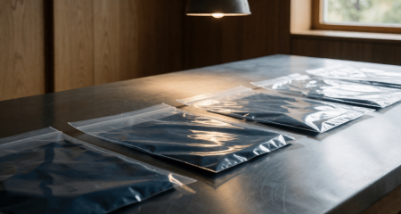 Verzegelde doorzichtige bewijszakken op een metalen tafel onder een werklamp