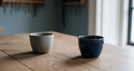 Twee koffiekopjes op een werkplaatstafel zonder papieren ertussen