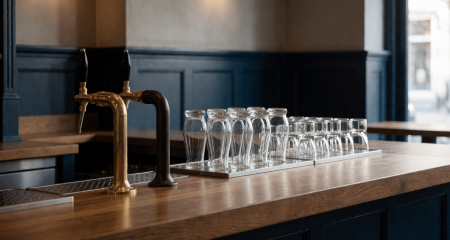 Bar met tapkranen en schone glazen klaar voor opening