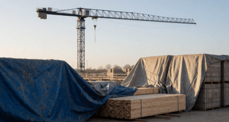 Stilgelegde bouwplaats met een stilstaande kraan en dekzeilen