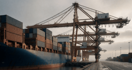 Containerschip bij een kadekraan in een Europese haven
