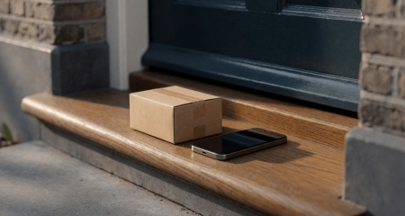 Klein kartonnen pakket en een telefoon op een stoep voor een woning