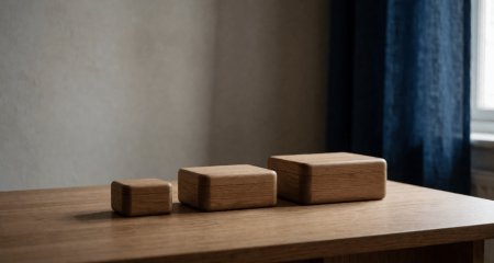 Drie houten dozen van verschillende grootte op een rij