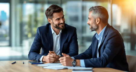 Werkgever en werknemer in gesprek onder leiding van een mediator bij een arbeidsconflict