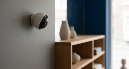 Kleine beveiligingscamera hoog aan de wand in een winkelruimte