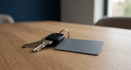 Autosleutels op een tafel naast een blanco plastic kaart