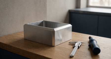Metalen producthuis op een werkbank naast een schuifmaat