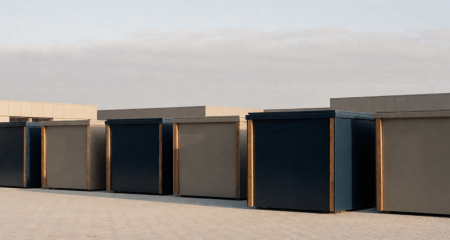 Gescheiden recyclingcontainers op een opgeruimd bedrijventerrein