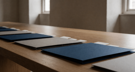 Genummerde mappen op volgorde uitgelegd op een lange tafel
