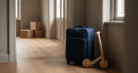 Gepakte koffer en een kinderstep bij de deur van een halflege woning