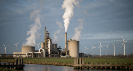 Industrieterrein met stoom en windturbines in de verte