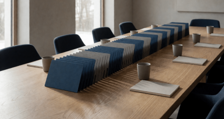 Vergadertafel met een rij mappen in het midden