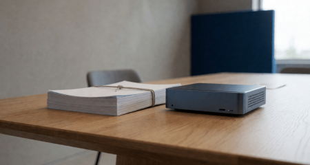 Contractbundel naast een klein serverapparaat op een vergadertafel