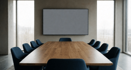 Bestuurskamer met een groot scherm en lege stoelen