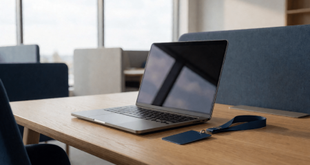 Open laptop en een bedrijfspas op een bureau in een kantoortuin