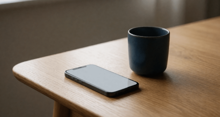 Telefoon met een leeg scherm op een tafel naast een kopje