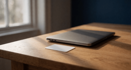 Laptop en een blanco plastic kaart op een keukentafel bij het raam