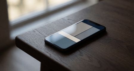 Telefoon met het scherm omhoog op een donkere tafel