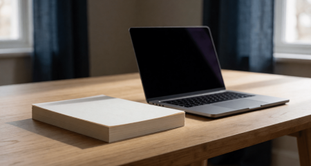 Stapel geprinte pagina's naast een laptop met een leeg scherm