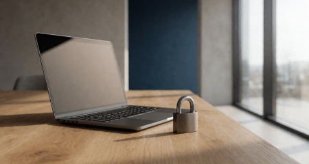 Open laptop naast een gesloten hangslot op een bureau