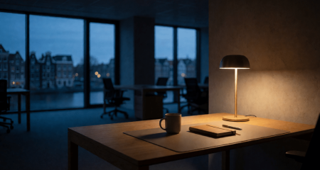 Kantoor in de schemering met één bureaulamp aan