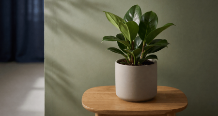 Effen groen geschilderde wand achter een kantoorplant