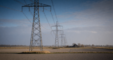 Rij hoogspanningsmasten over akkerland met een boerderij in de verte
