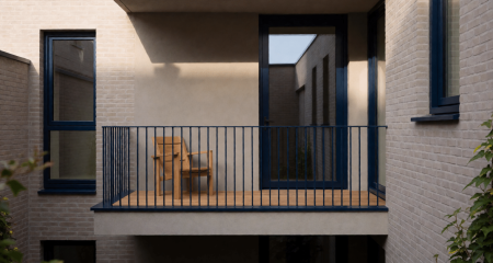 Appartementenbalkon met een opgevouwen stoel gezien vanaf een binnenplaats