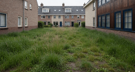 Onbebouwd grasveld tussen bestaande woningen in een Nederlandse wijk