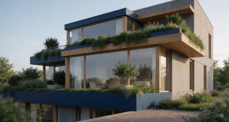 Nieuw appartementenblok met groene terrassen en grote ramen