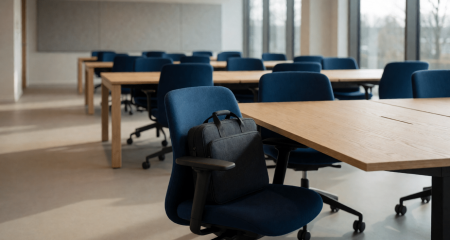 Flexplekken zonder vaste werkplekken met één laptoptas op een stoel
