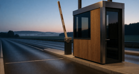 Grensovergang met een geopende slagboom en lege rijstroken bij zonsopgang