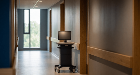 Ziekenhuisgang met een monitorwagen en een raam aan het eind