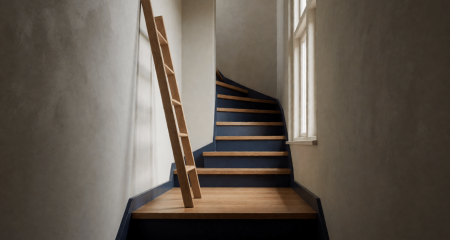 Onbeheerde ladder tegen een muur in een leeg trappenhuis