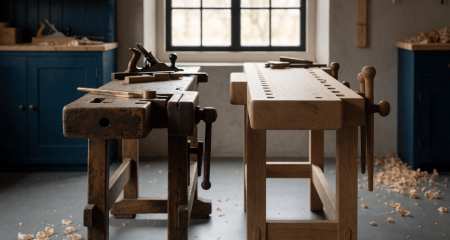 Familiewerkplaats met een oudere en een nieuwere werkbank naast elkaar