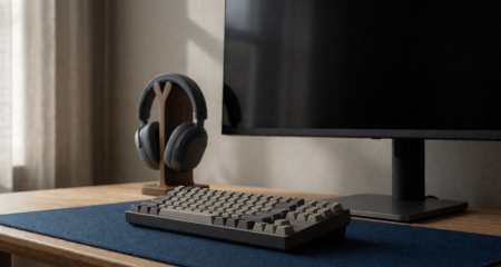 Gamingopstelling met een mechanisch toetsenbord, headset en donker scherm