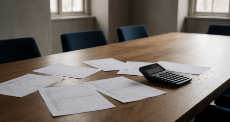Vergadertafel bezaaid met geprinte overzichten en een rekenmachine