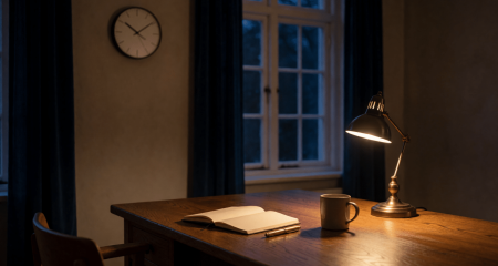 Kantoor met alleen een bureaulamp aan en een klok aan de wand