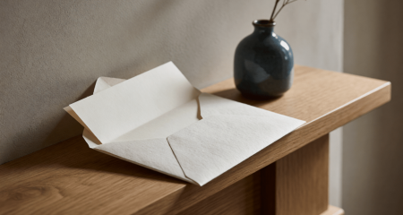 Opgevouwen document in een stevige envelop op een schoorsteenmantel