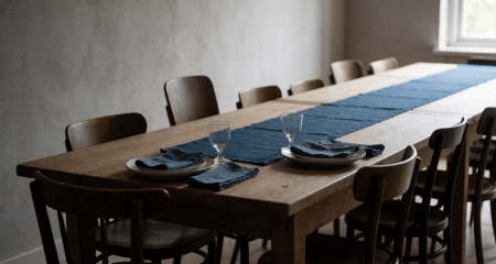 Lange eettafel met verschillende stoelen en twee extra couverts