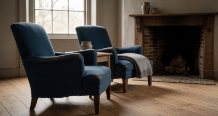 Twee versleten fauteuils tegenover een haard in een oudere woonkamer