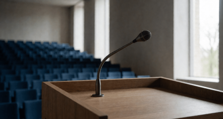 Microfoon op een spreekgestoelte in een lege zaal met stoelenrijen