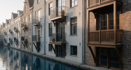 Rij appartementengebouwen langs een gracht met balkons in ochtendlicht