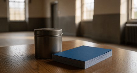 Collectebus en een stapel folders op een tafel in een buurthuis
