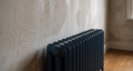 Scheur in het stucwerk achter een radiator in een oudere woning